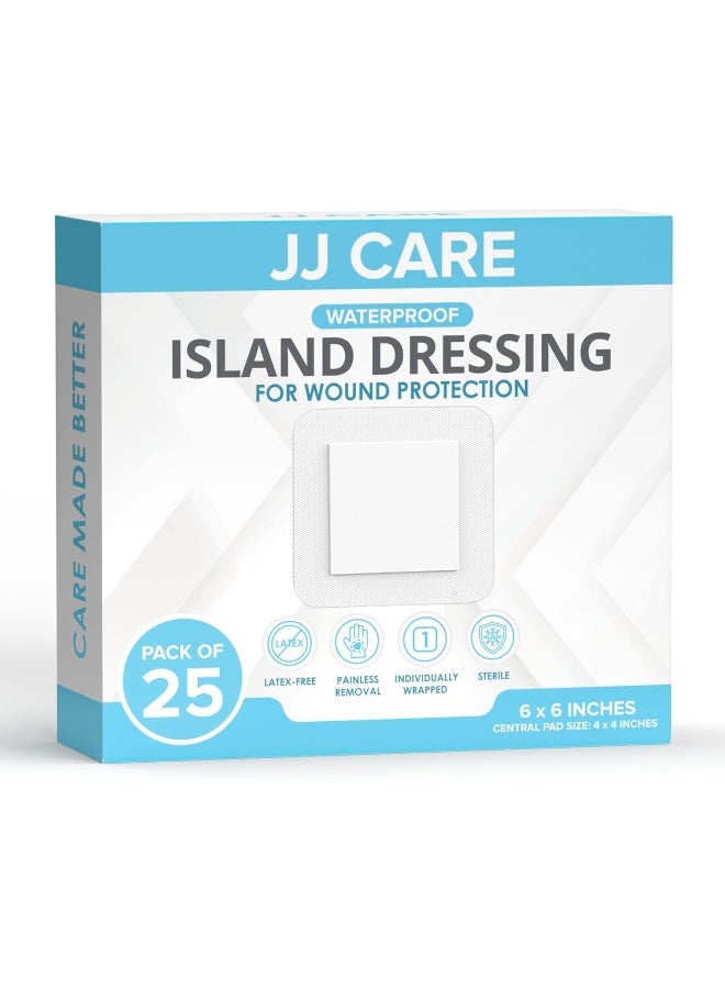 JJ CARE [Pack of 25] Waterproof Adhesive Island Dressing 6” x 6”, Sterile Wound Dressing, Breathable Bordered Gauze Pads, Latex Free Bandages, Individually Wrapped, Central Pad Size 4"x4" - Image 1